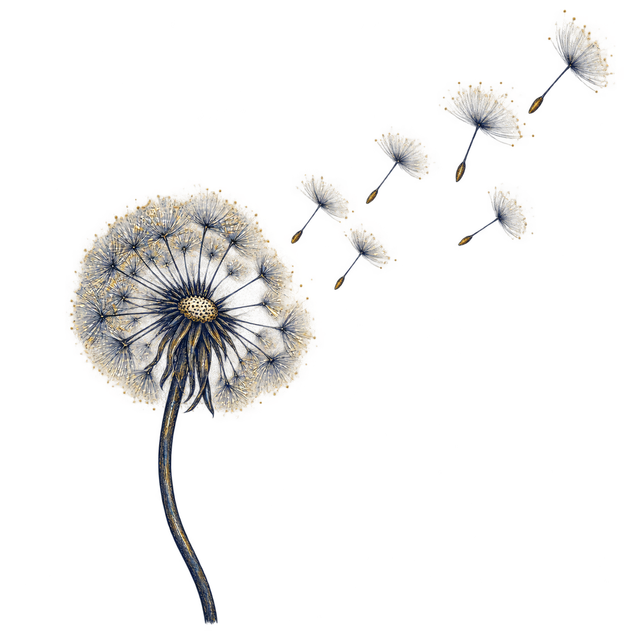 Hand-rendered dandelion seeds carried by the breeze
